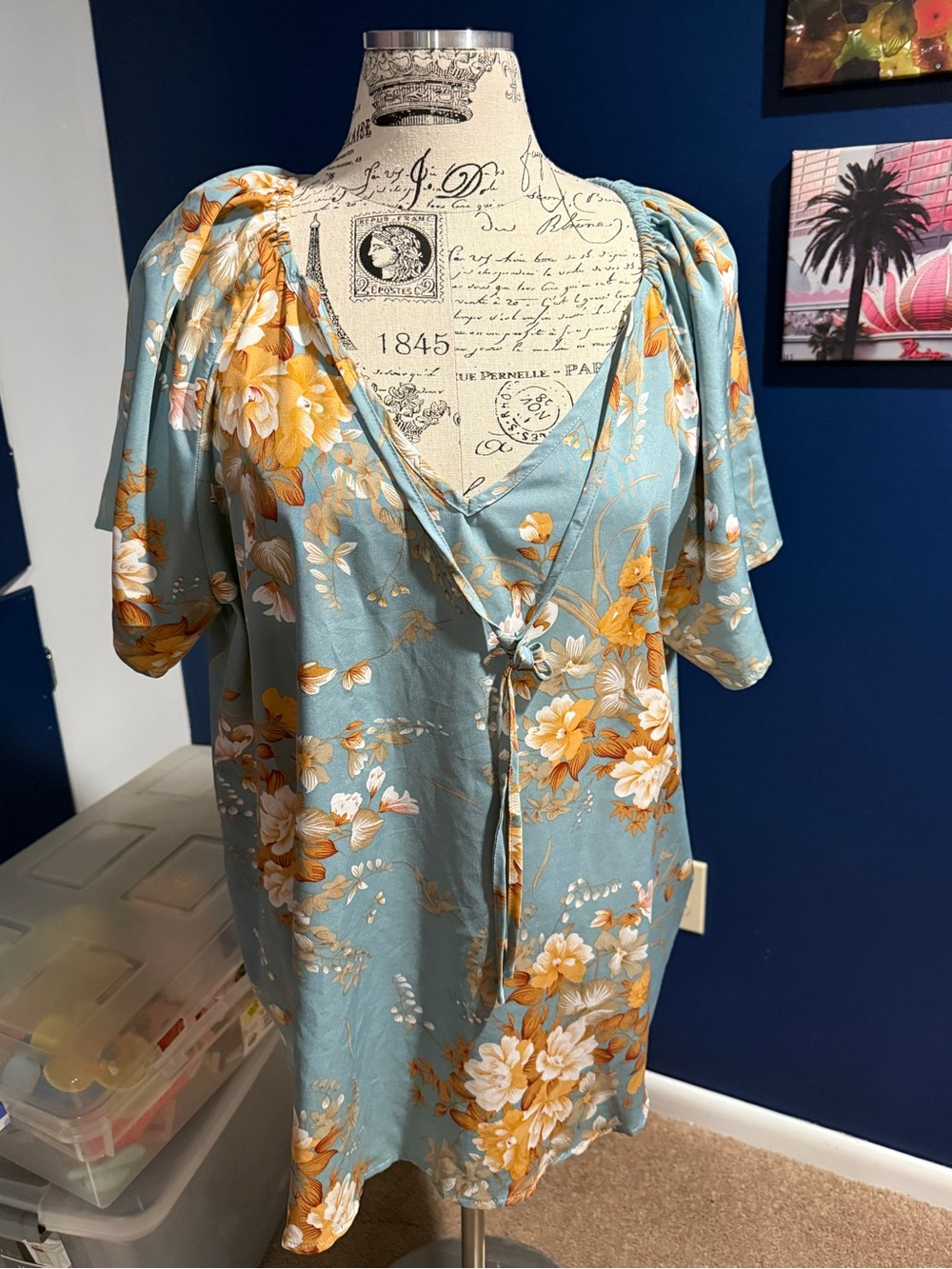 Floral Tie-Front Women's Top in teal green Blue and Mustard 2X